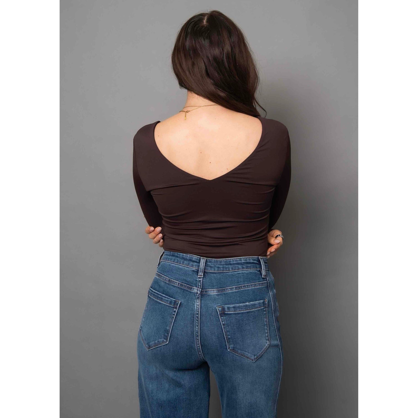 Second Skin Valentina LS Double V-Neck Top in dark walnut, back view with deep V neckline and long sleeves.