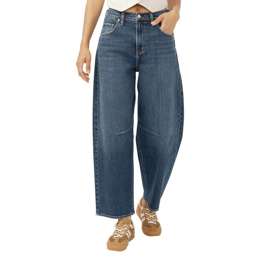 Silver Slim Barrel Leg jeans in Marion, high-rise, angled-seamed, relaxed fit on model.