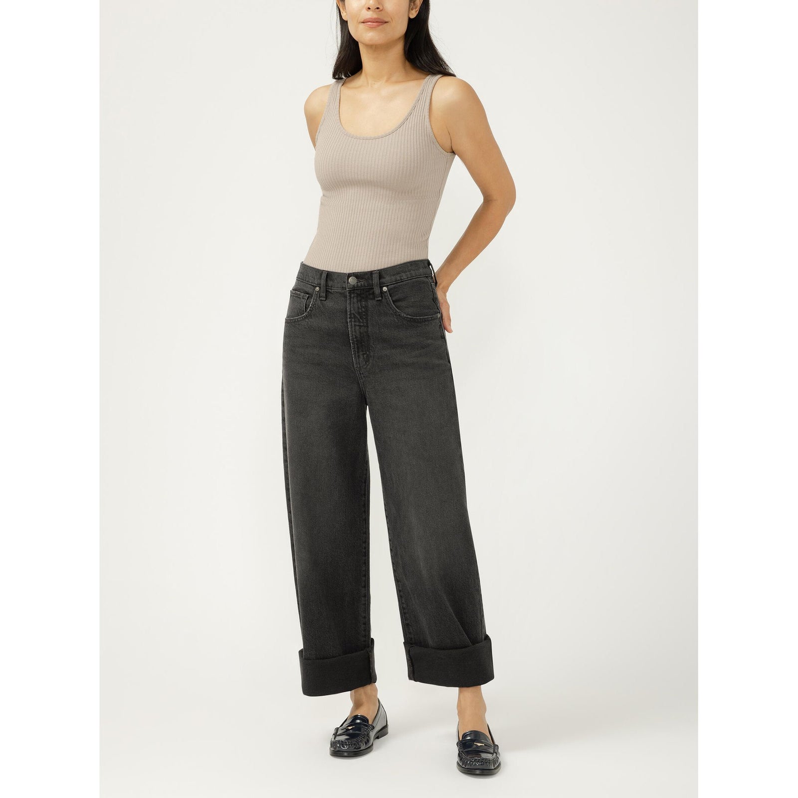 Silver Be Easy Wide Leg Crop in Onyx: high-rise black wide-leg jeans with cuffed hems.