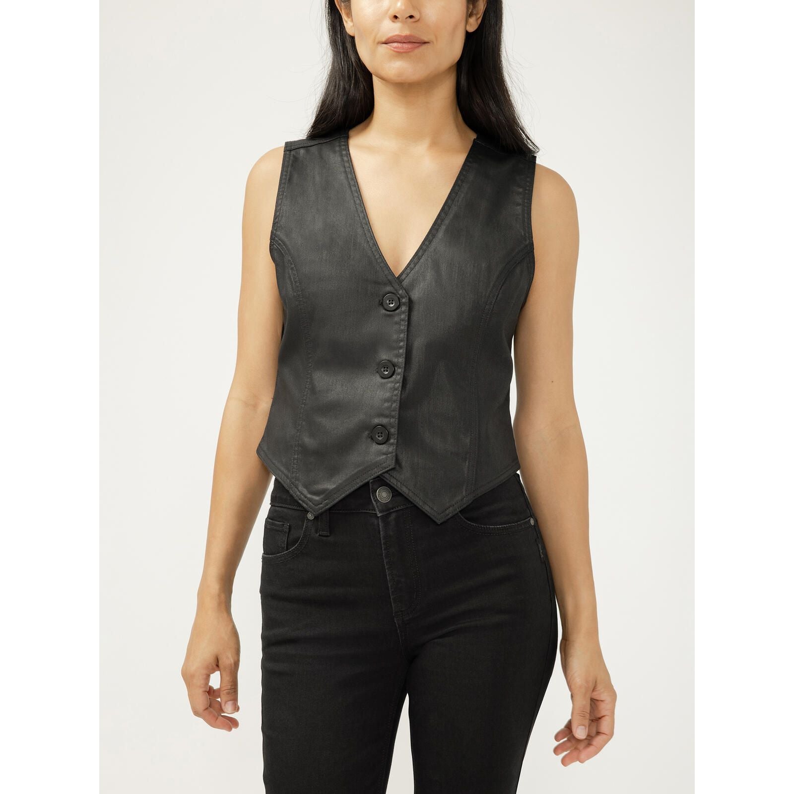 Silver-black coated denim vest with sleeveless V-neck, button front, and pointed hem.