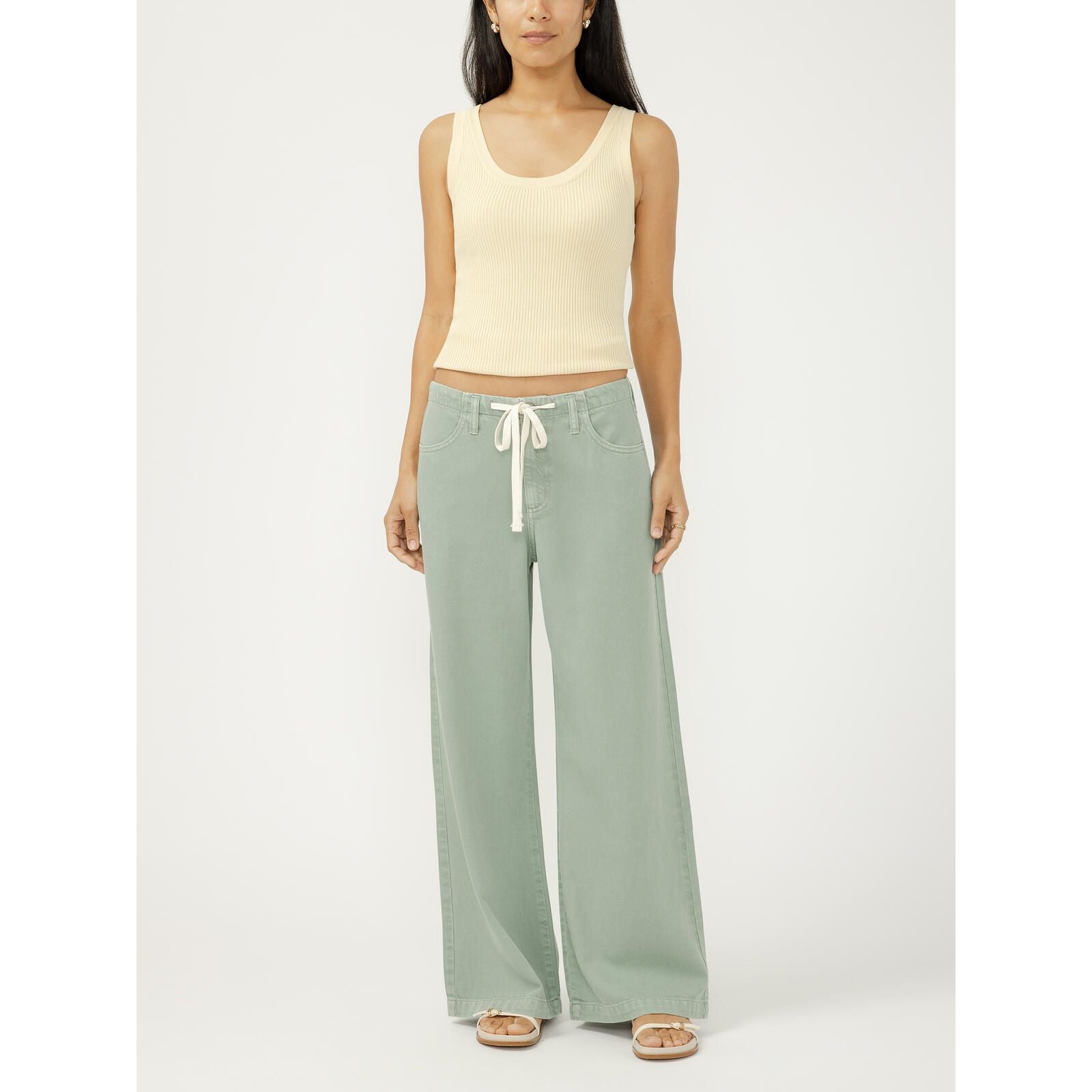 Silver Wide Leg Drawstring Beach Pants: model wearing sage-green wide-leg pants with white drawstring.