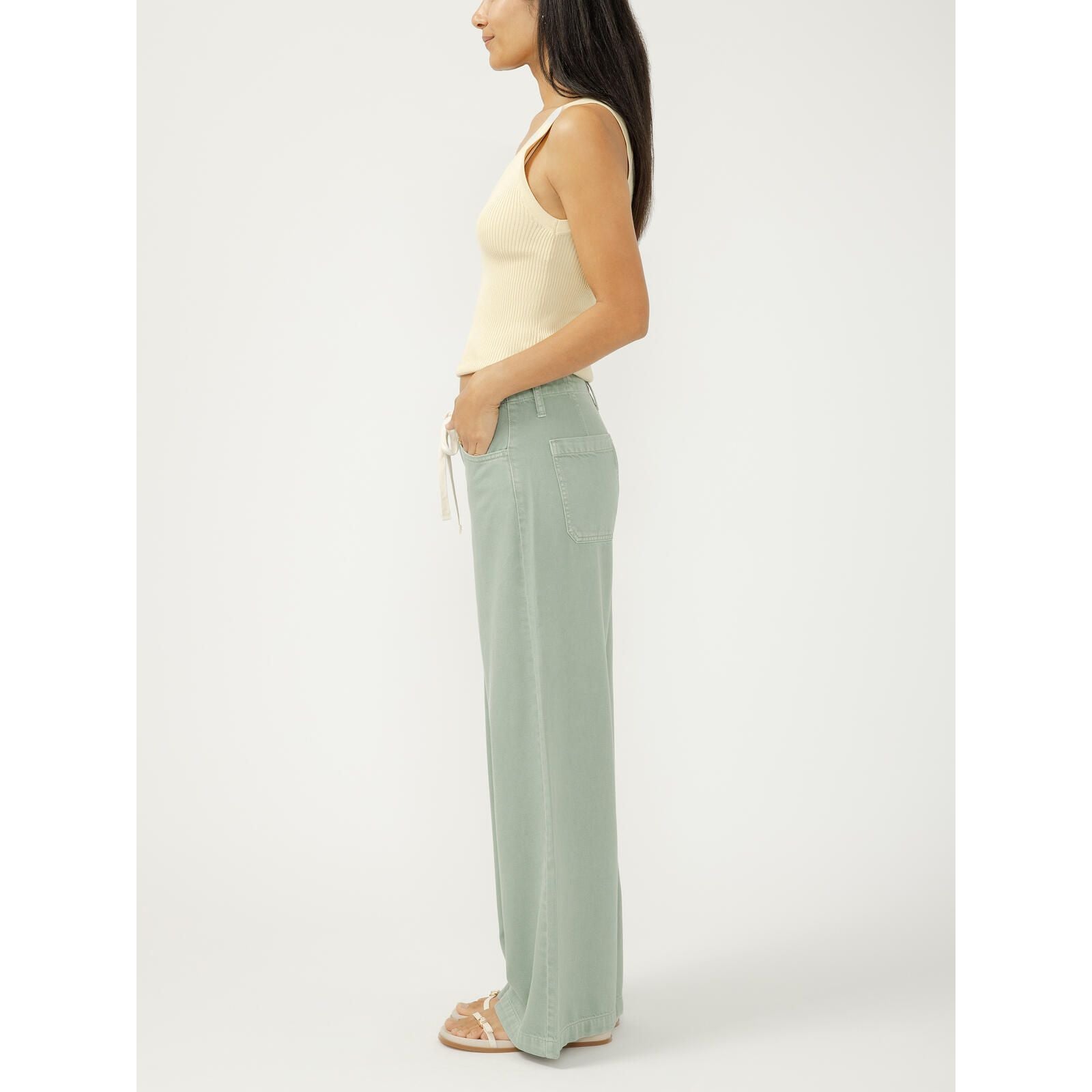Silver wide-leg drawstring beach pants with relaxed fit, adjustable waist, and pockets; no-stretch denim.