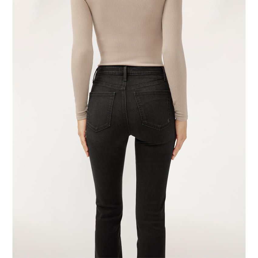 Back view of a model wearing Silver Isbister Straight in Raven Luxe Stretch denim jeans.