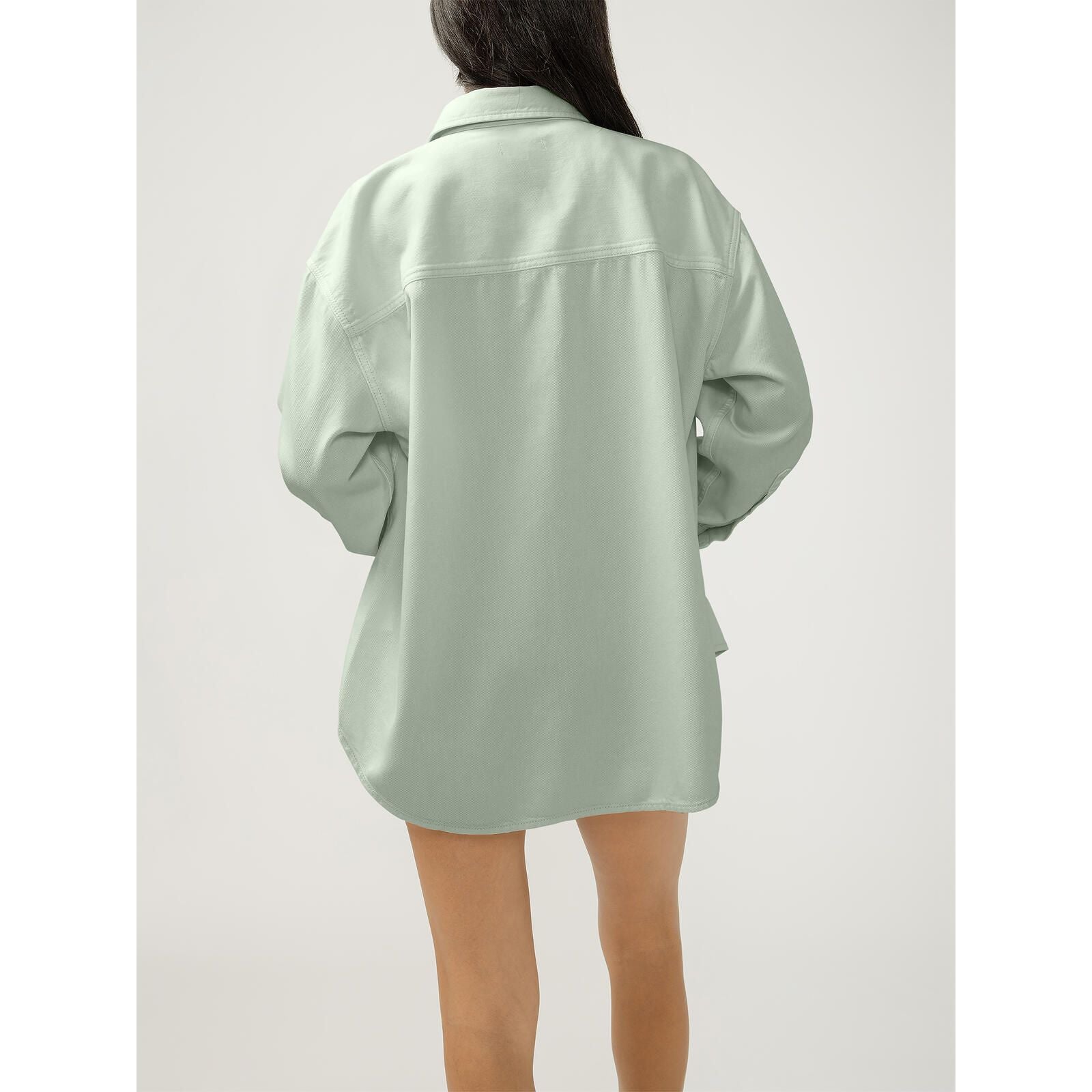 Silver Relaxed Fit Beach Shirt on model, oversized denim top, back view.