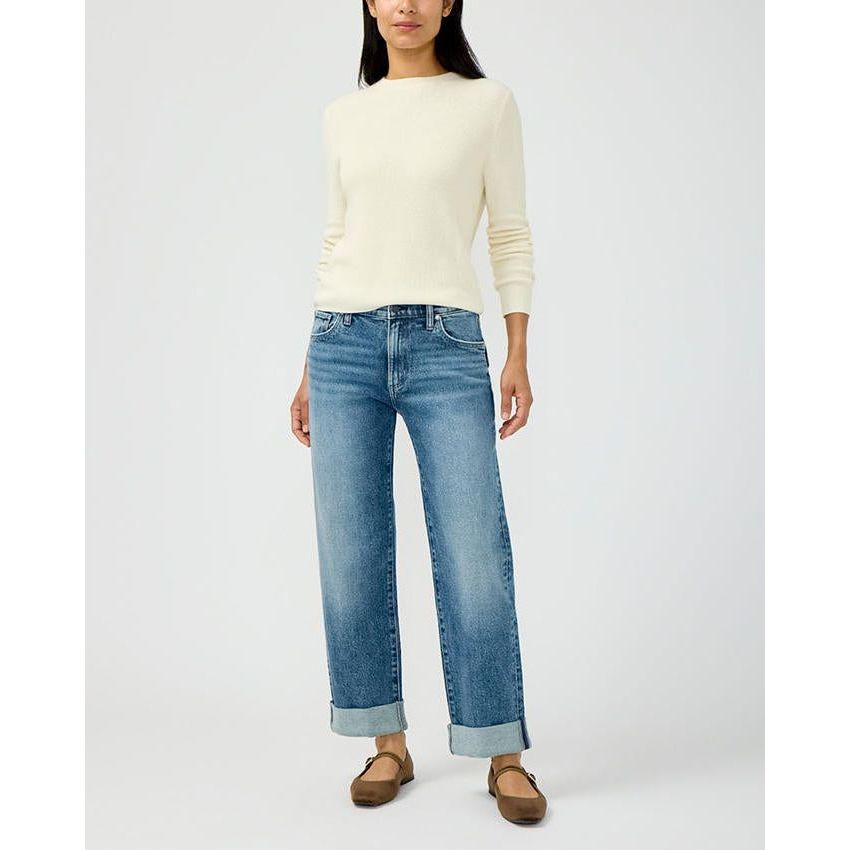 Silver Relaxed Straight Leg in Willow jeans on a model with a rolled 2.5-inch cuff, medium blue wash.