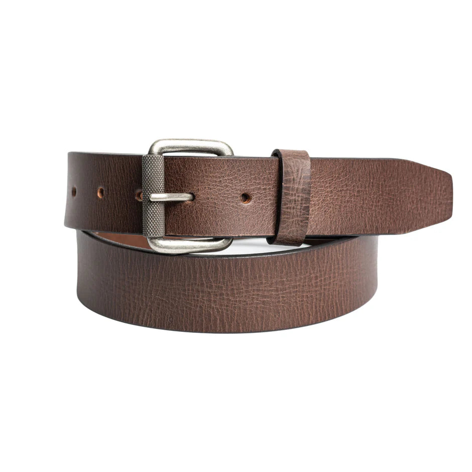 Brown 38mm leather belt with rivet accents and an antique nickel roller buckle.
