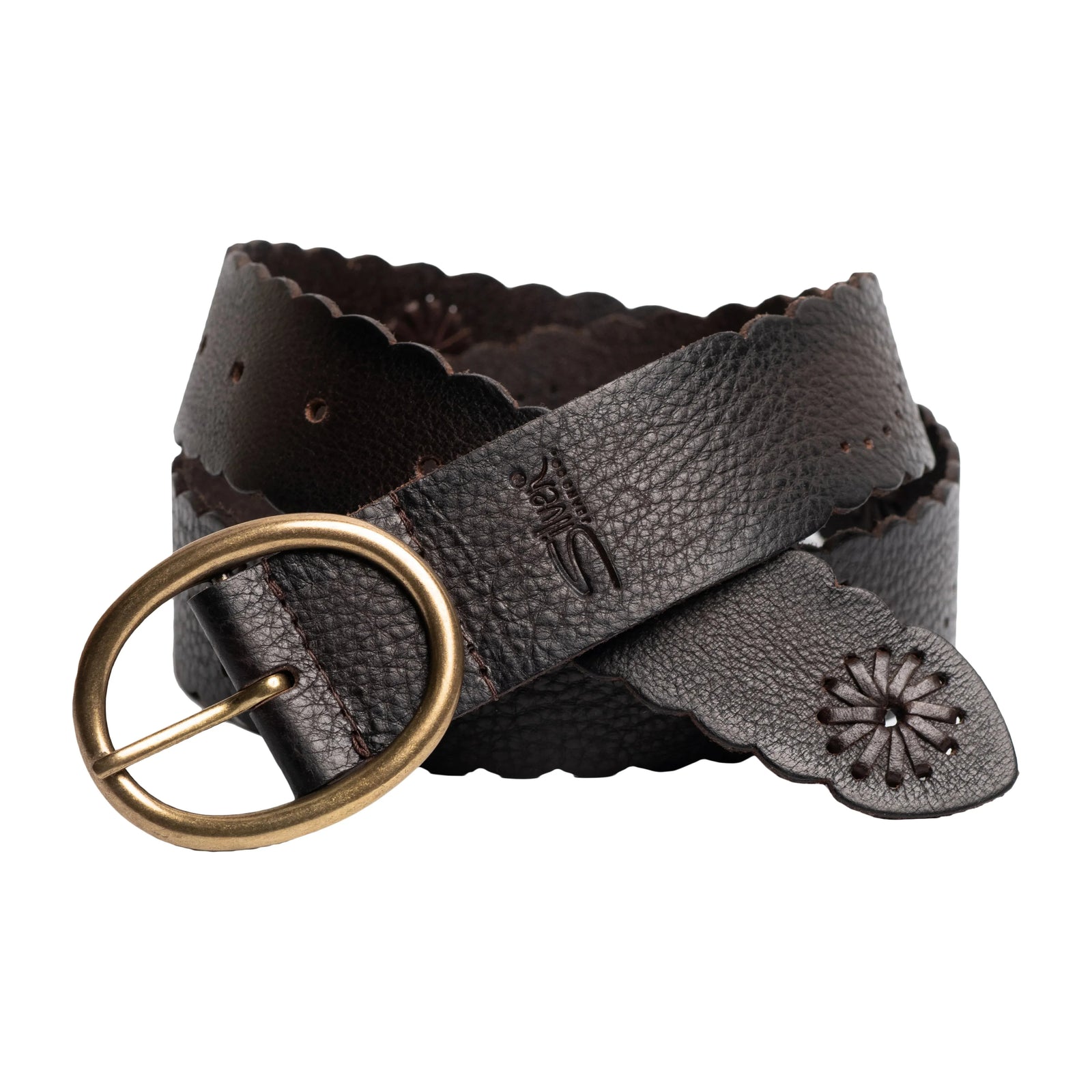 Stylish Silver Jeans Scalloped Edge 40MM Leather Belt in dark brown with antique brass buckle for a chic finish.