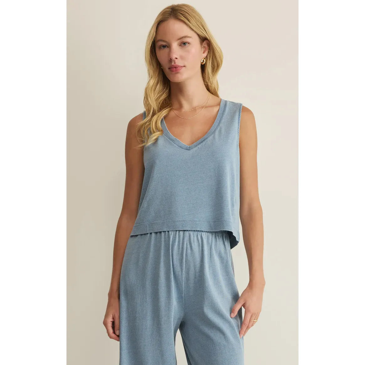 Z Supply Sloane V-Neck Tank in light blue cotton jersey, relaxed-fit sleeveless top on model.