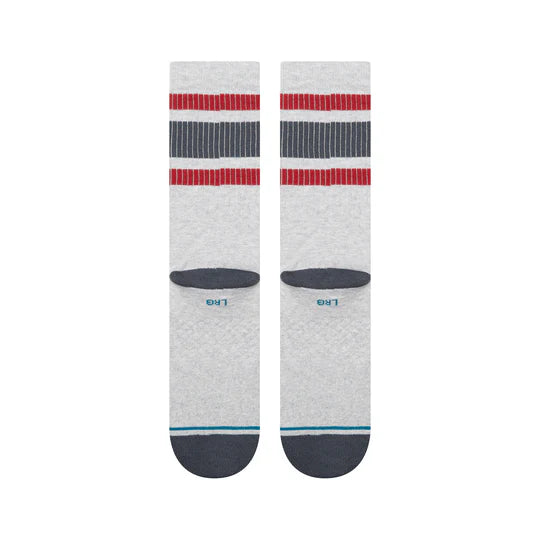 Stance Boyd Pop Stitch Crew Socks pair in light gray with red and navy stripes and blue toe accents.