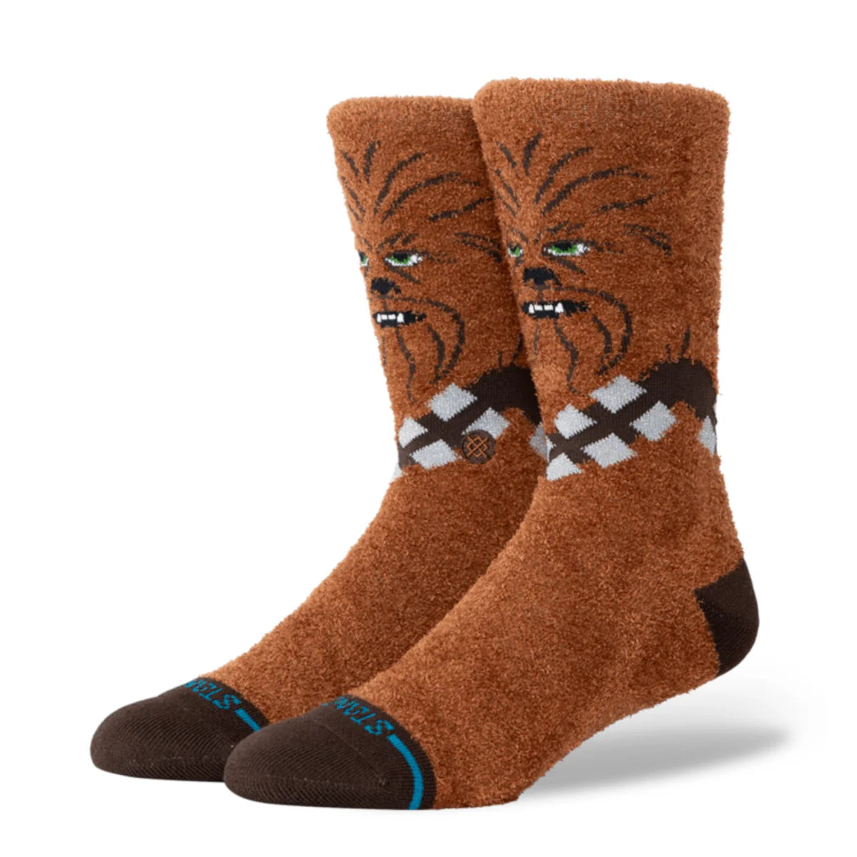 Stance BRP Chewie Crew Socks featuring brown Chewbacca face motif, argyle band, and blue toe accents.