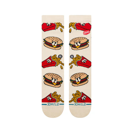 Stance Combo Meal Crew Socks with burger and fries pattern on cream, mid-calf crew height.