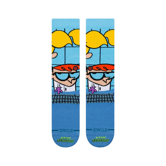Stance Dexters Crew Sock pair featuring Dexter the boy genius on blue background, mid-calf length