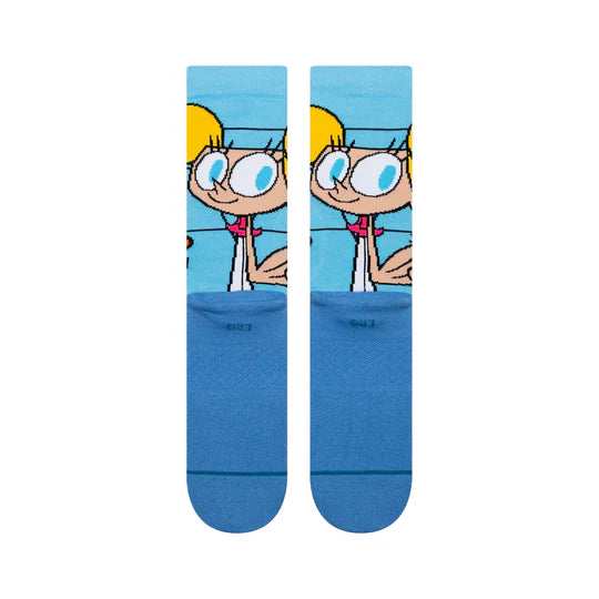Stance Dexters Crew Socks: premium combed cotton, Dexter art, crew length, mid-calf, medium cushioning, seamless toe.