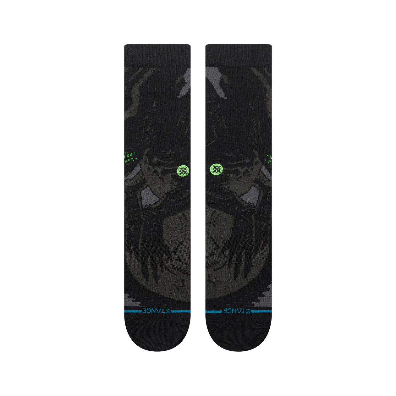 Stance Alien Crew Sock pair featuring Xenomorph graphics on black fabric with neon green emblem and blue toe band.