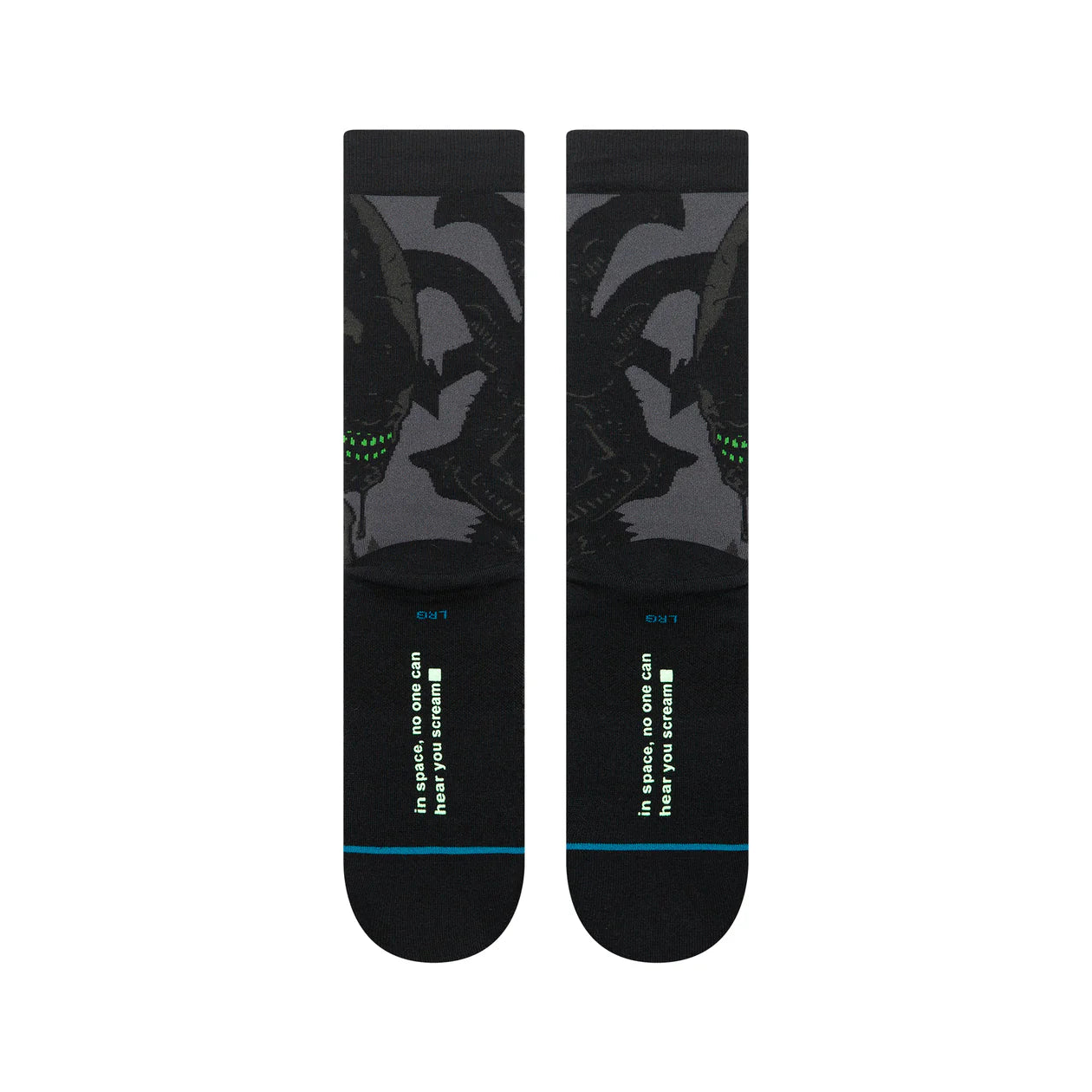 Stance Alien Crew Socks: pair with Xenomorph graphics on black fabric, green accents and blue toe stripe.