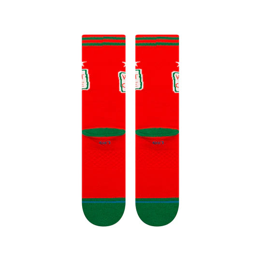Stance Elf Worlds Best Coffee Crew Socks, red with green toes and heels, elf-themed festive design.