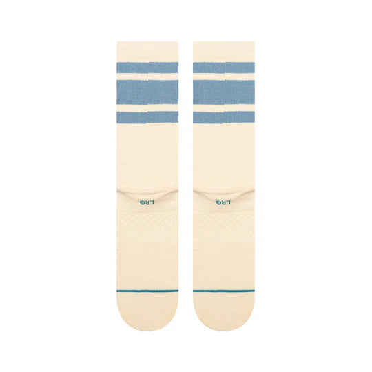 Stance Got Sol Crew Socks: two cream crew socks with blue stripes at the top and subtle logo.