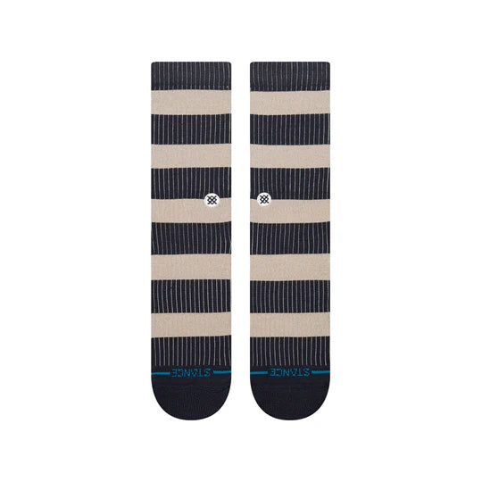 Stance Jailbird Crew Socks in navy and cream striped pattern with seamless toe and cushioned fit.
