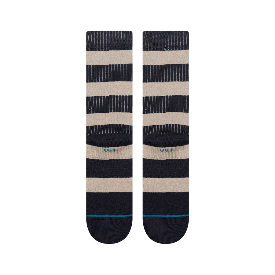 Stance Jailbird Crew Socks in navy and beige horizontal stripes, crew height.