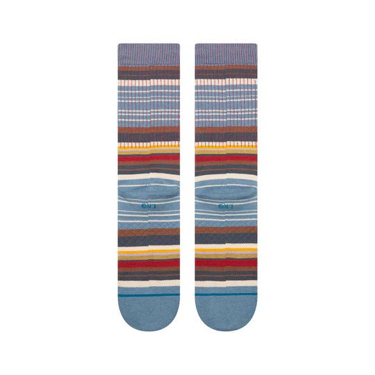 Stance Jorongo Pop Crew Socks: striped mid-calf pair with blue, brown, yellow, red bands and cushioned toe.