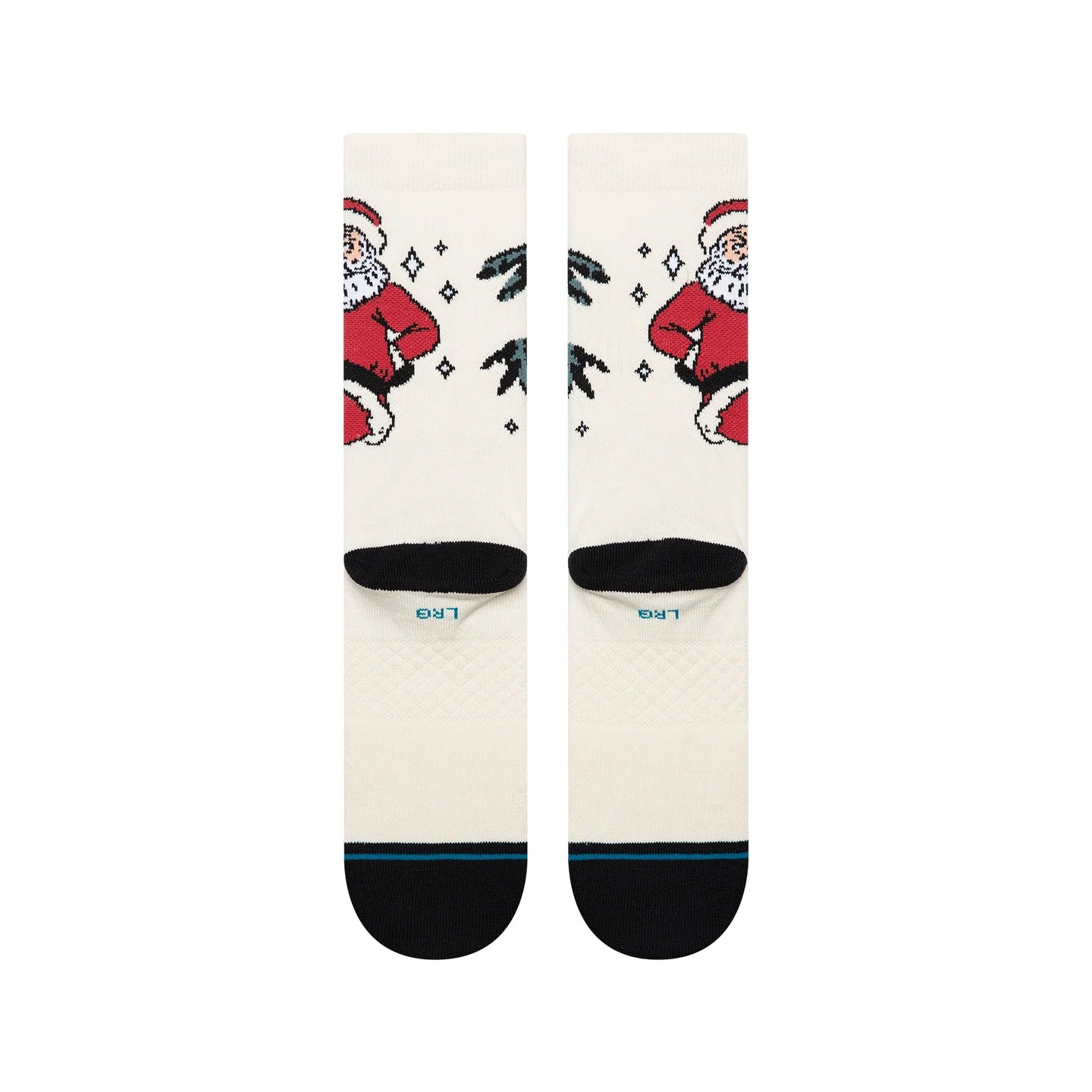 Cream Stance Northern Exposure crew socks featuring a Santa Claus graphic with pine trees, black heel toe, and blue accent stripe.