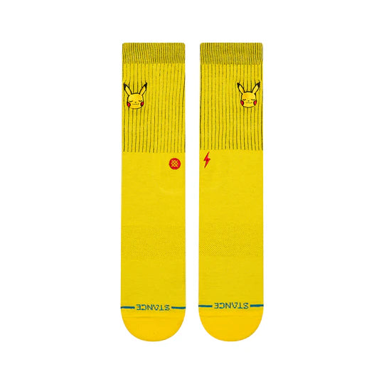 Pokemon Pikachu Crew Socks: bright yellow with Pikachu faces, red circle on one sock and red lightning bolt on other.
