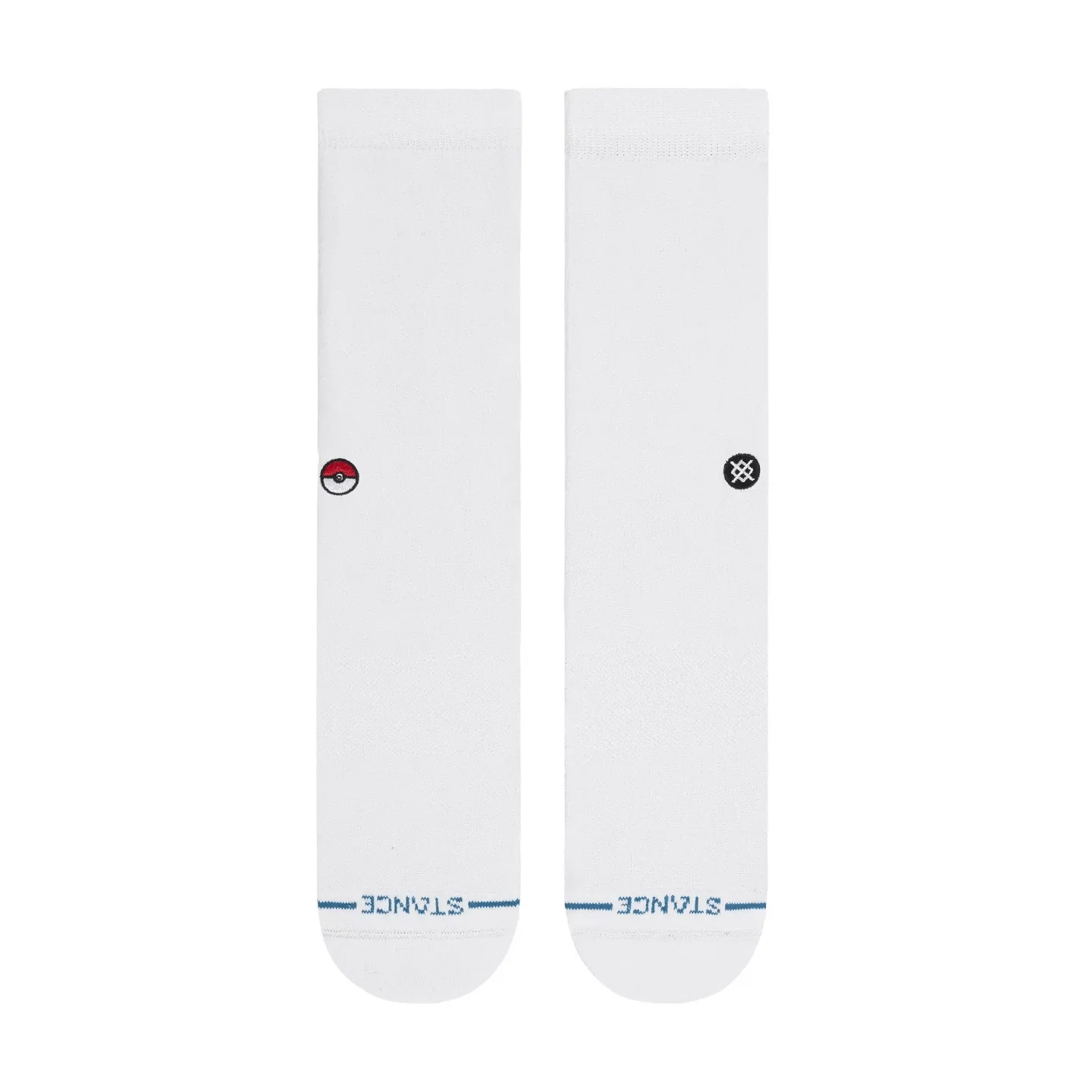 White Stance crew socks featuring a small embroidered Poké Ball logo and blue STANCE text on the foot.