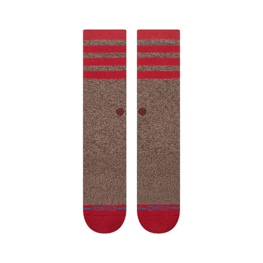 Pair of Stance Sock Monkey Crew Socks in brown with red stripes and red toes, mid-calf length.