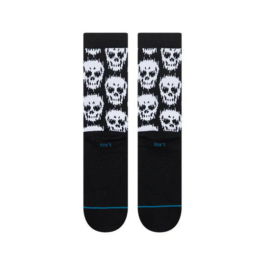 Stance Static Skull Crew Socks: black crew socks with white skull pattern and blue toe line.