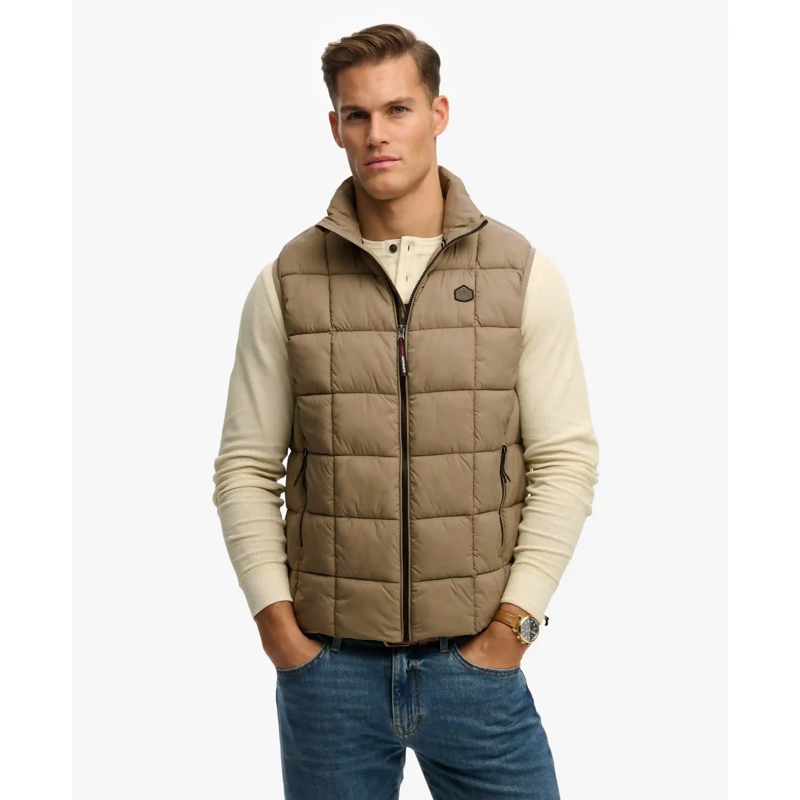 Superdry Box Quilt Fuji Lite Gilet in tan, slim-fit quilted vest with front zip and logo badge.