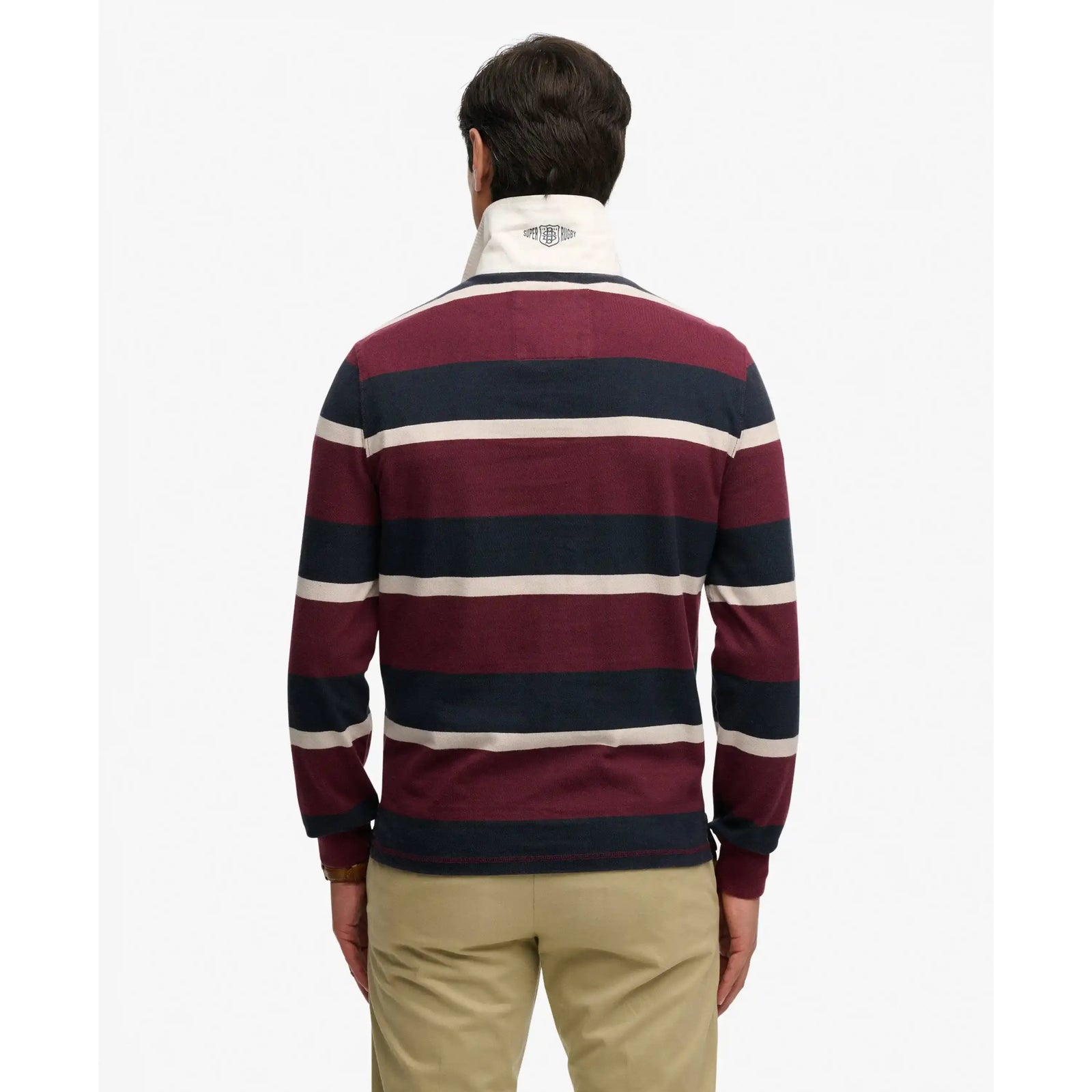 Back view of Superdry Stripe Double Emblem Rugby Shirt with burgundy, navy and beige stripes.