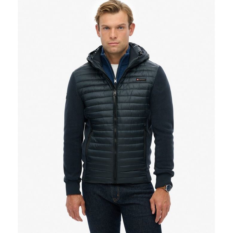 Superdry Hooded Storm Fleece: quilted insulated body with plush fleece sleeves on a model.