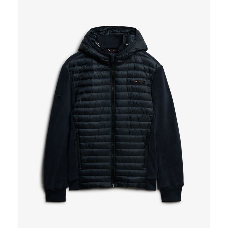 Superdry Hooded Storm Fleece jacket: navy, padded quilted main body with plush fleece sleeves and zip front.