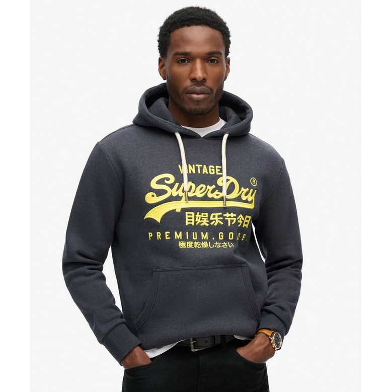 Superdry Neon VL Graphic Hoodie in charcoal with neon yellow logo, brushed interior, relaxed fit on model.