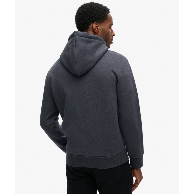 Model wearing charcoal gray Superdry Neon VL Graphic Hoodie, back view.
