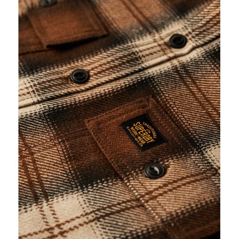 Superdry Roderick Check Wool Miller Overshirt in brown plaid with borg lining and button detail.