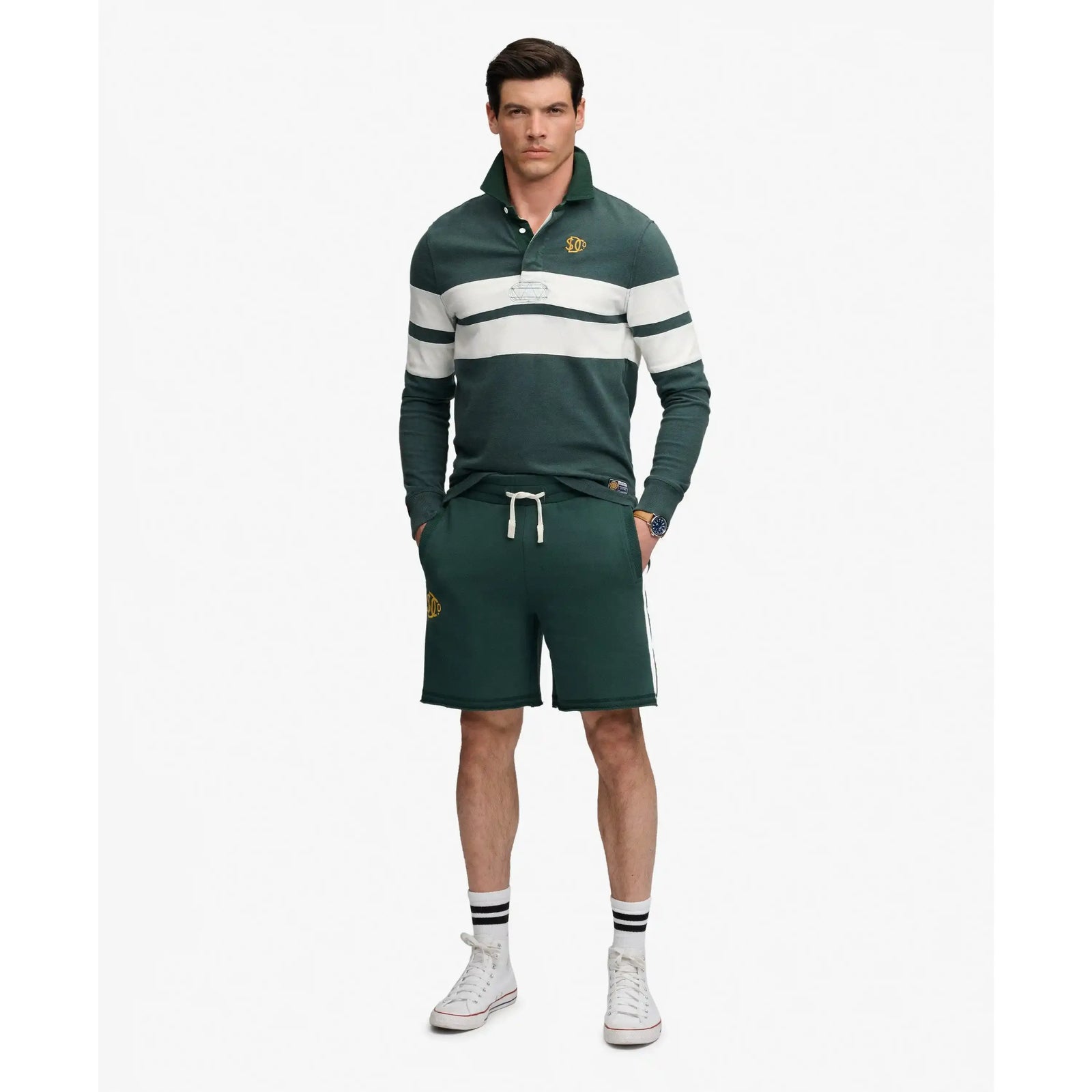 Superdry Vintage Athletic Stripe Rugby top with white stripes and embroidered chest logo, shown with matching shorts.