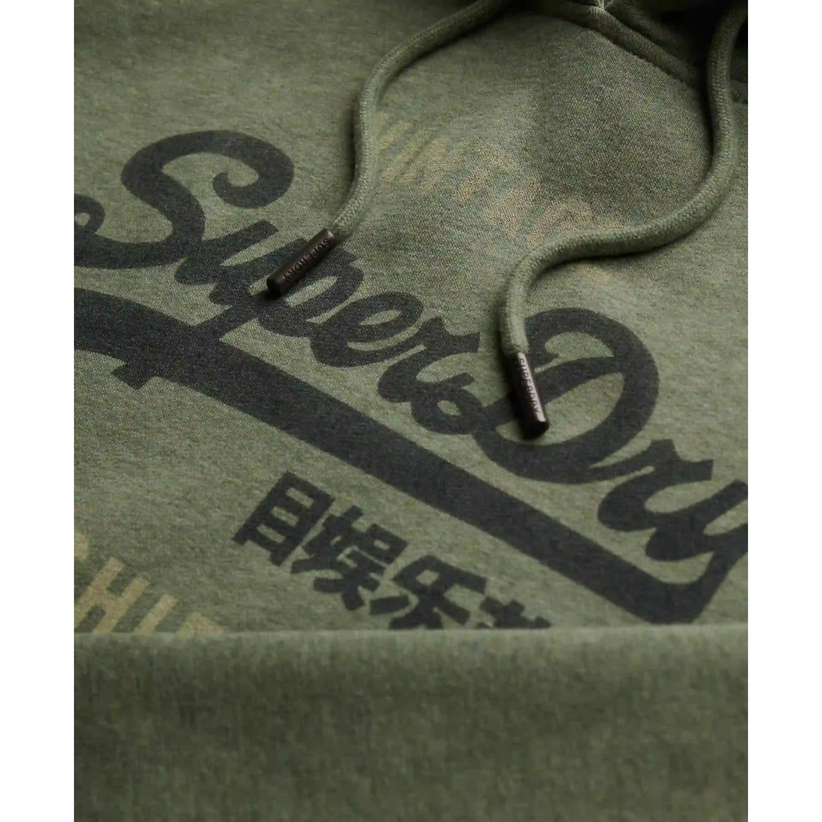 Olive green Superdry VL Heritage Relaxed Hoodie with a large vintage logo across the chest and drawstrings.
