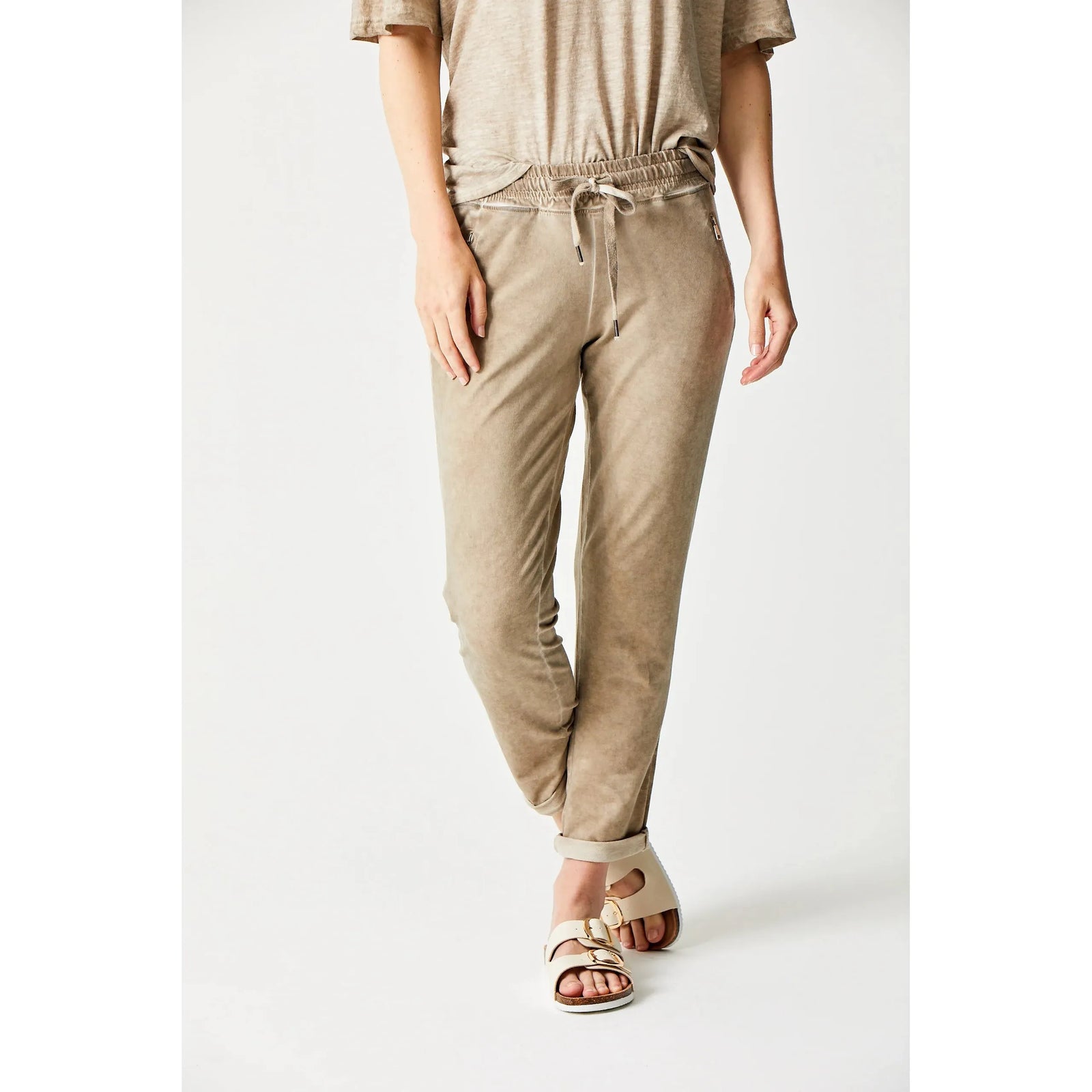 Soft taupe Suzy D Bailey Vintage Wash Side Zip Jogger featuring zipped pockets and chic turn-up hem for stylish comfort.