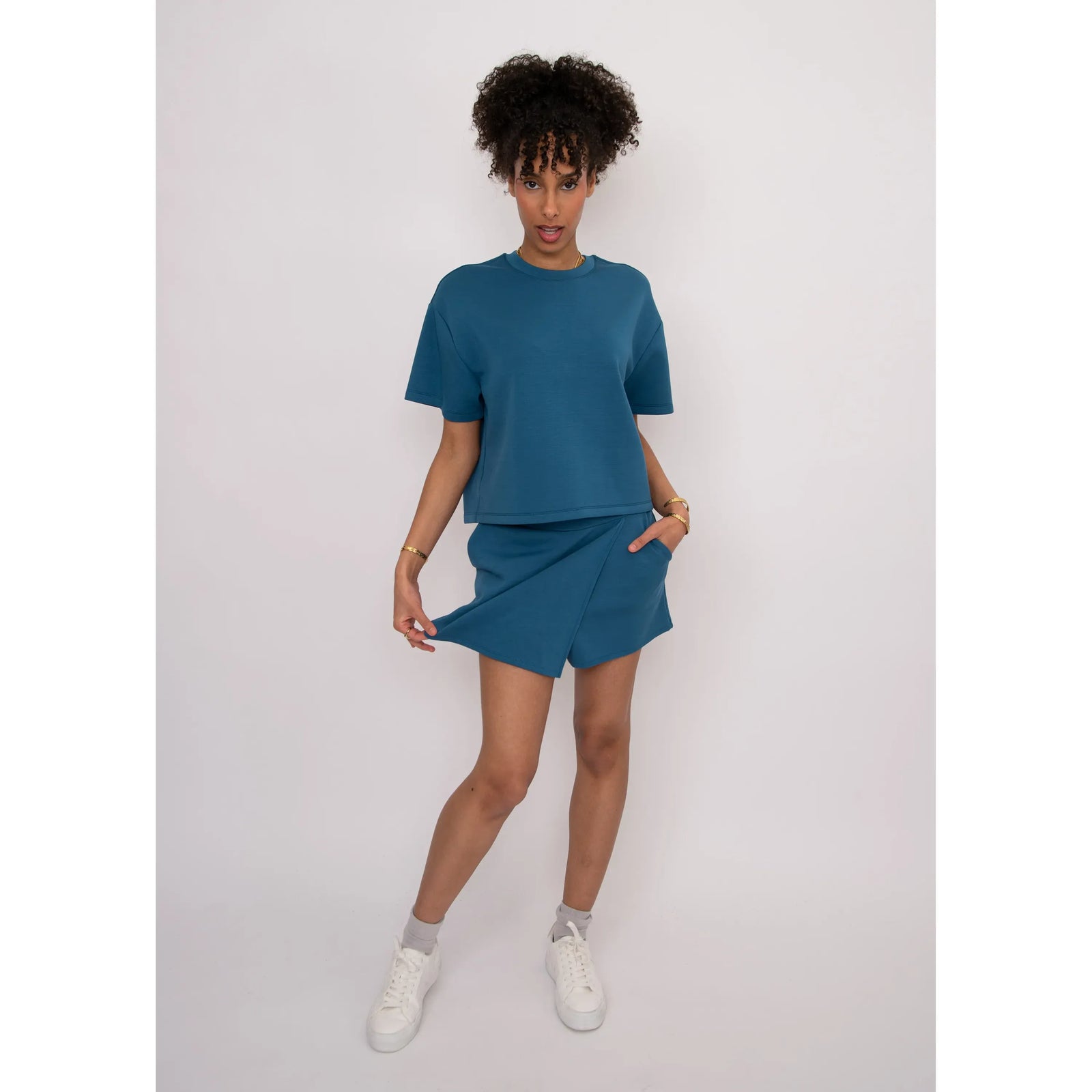 Teal Tess Soft Knit Top with matching bottom set, boxy fit on model in size Small