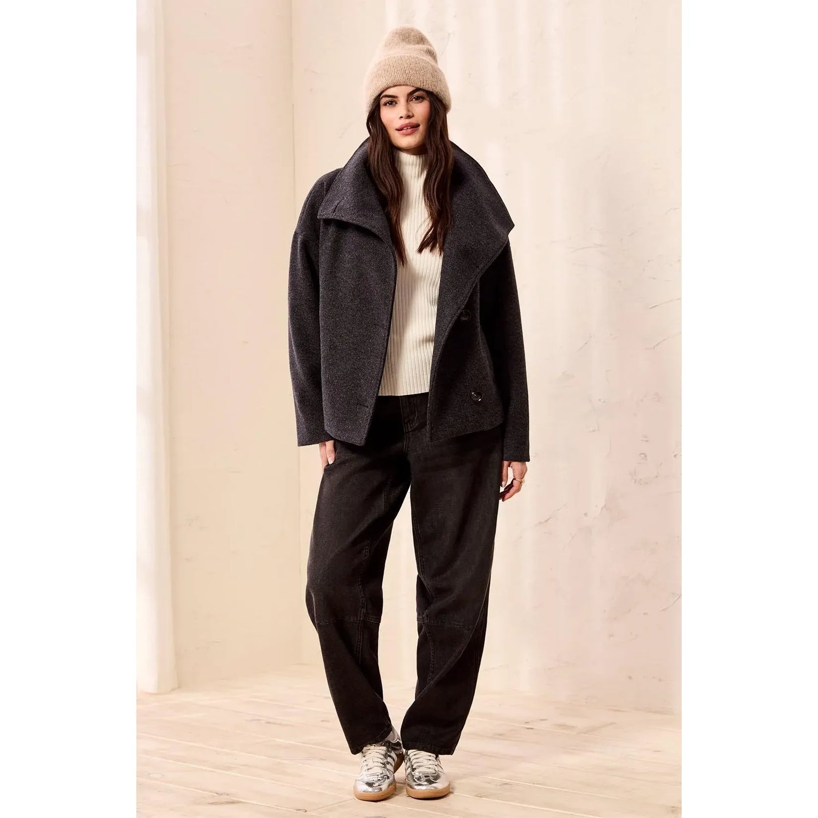 Tribal Lofty Funnel Neck Jacket in charcoal, a cozy lofty knit, oversized with wide lapels, button front, relaxed fit.