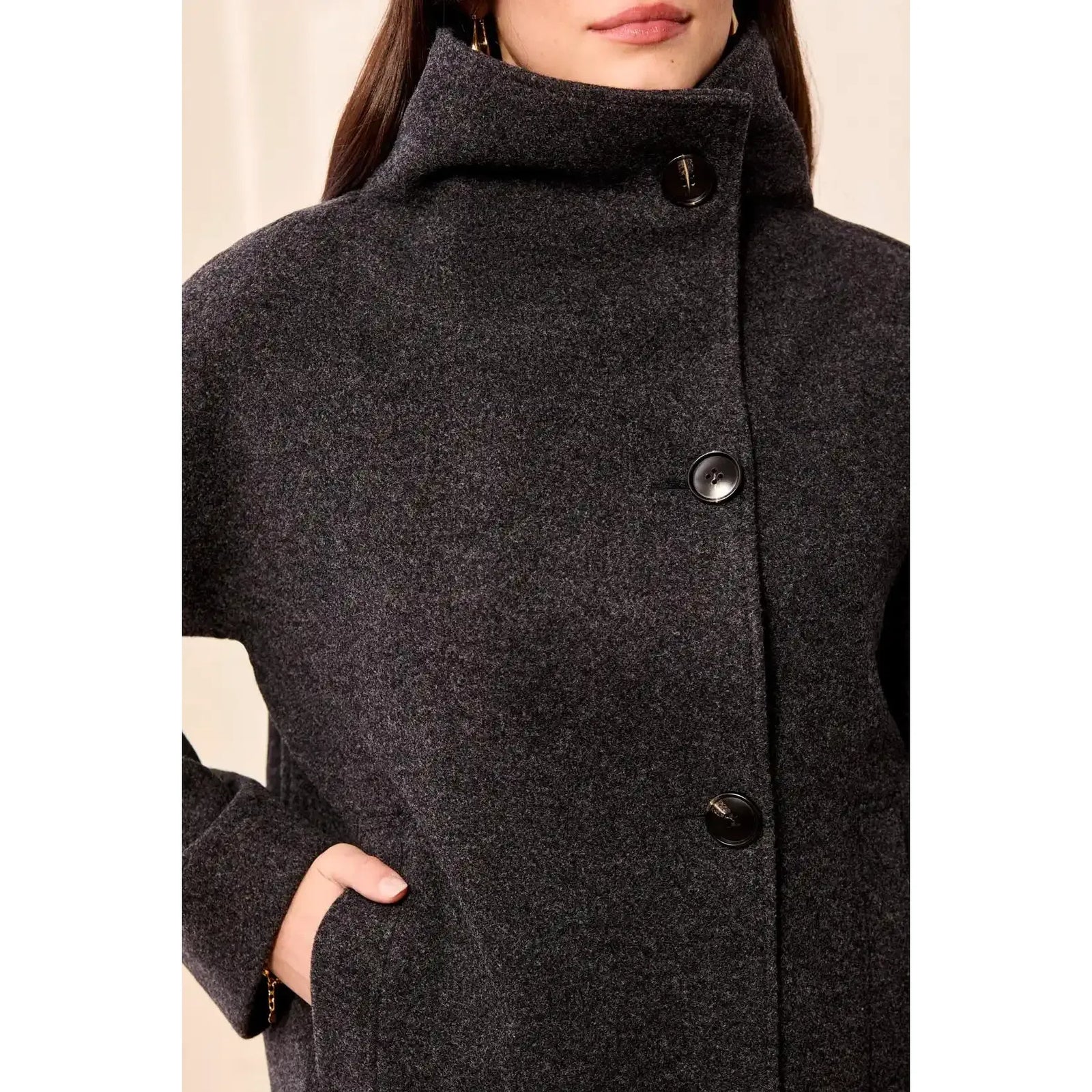 Tribal Lofty Funnel Neck Jacket in charcoal knit with button-front and relaxed fit.