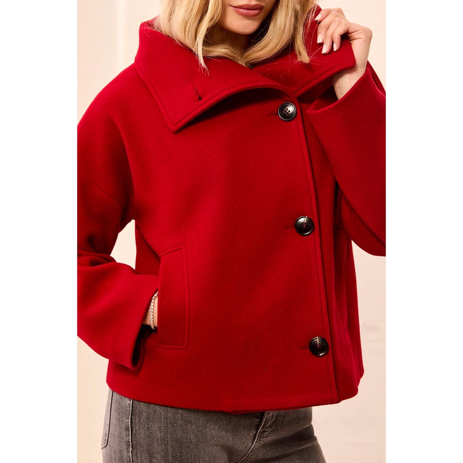 Red Tribal Lofty Funnel Neck Jacket with oversized folded collar, button front, relaxed fit.