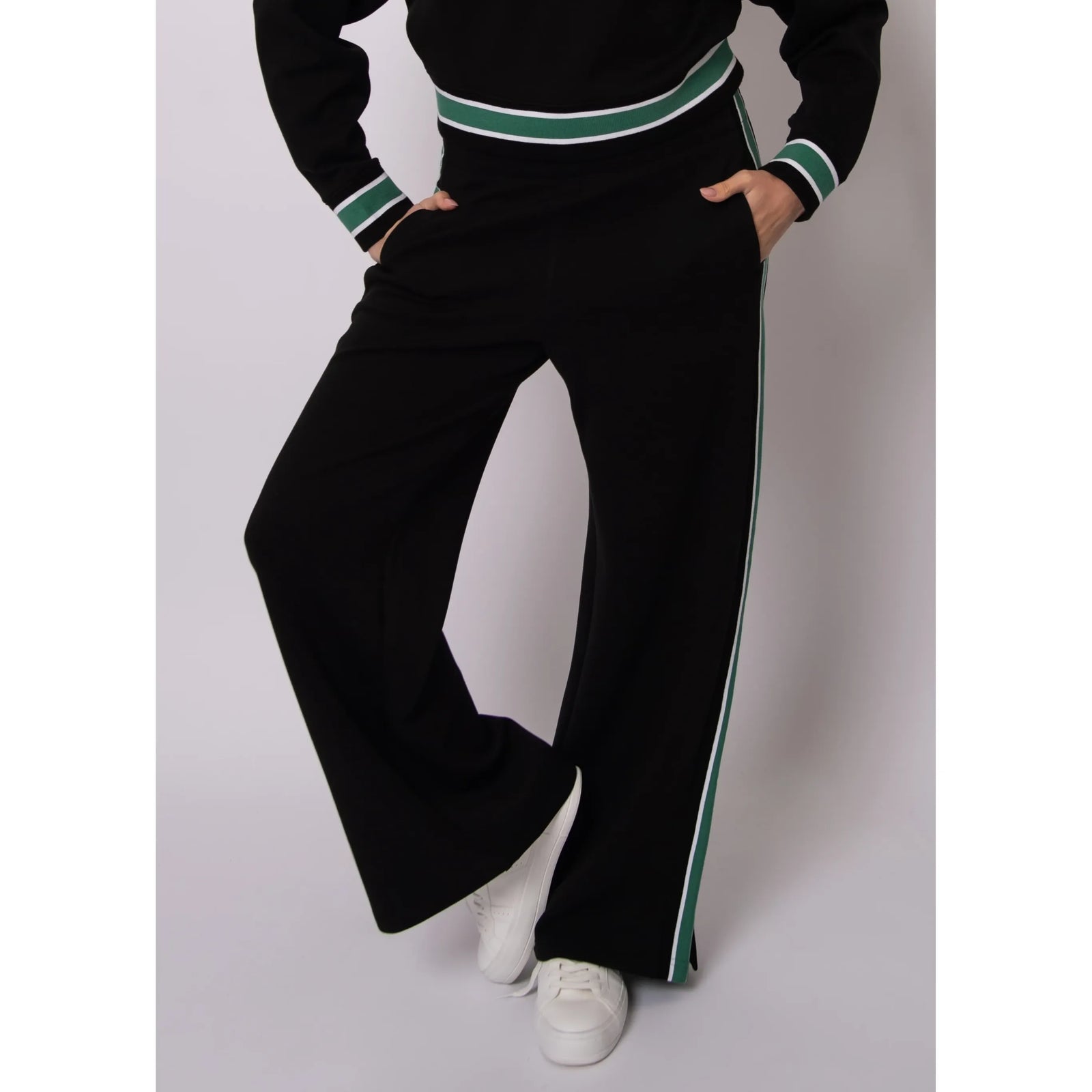 Valencia Soft Knit Pull-On Jogger Pants: black with a green and white side stripe.