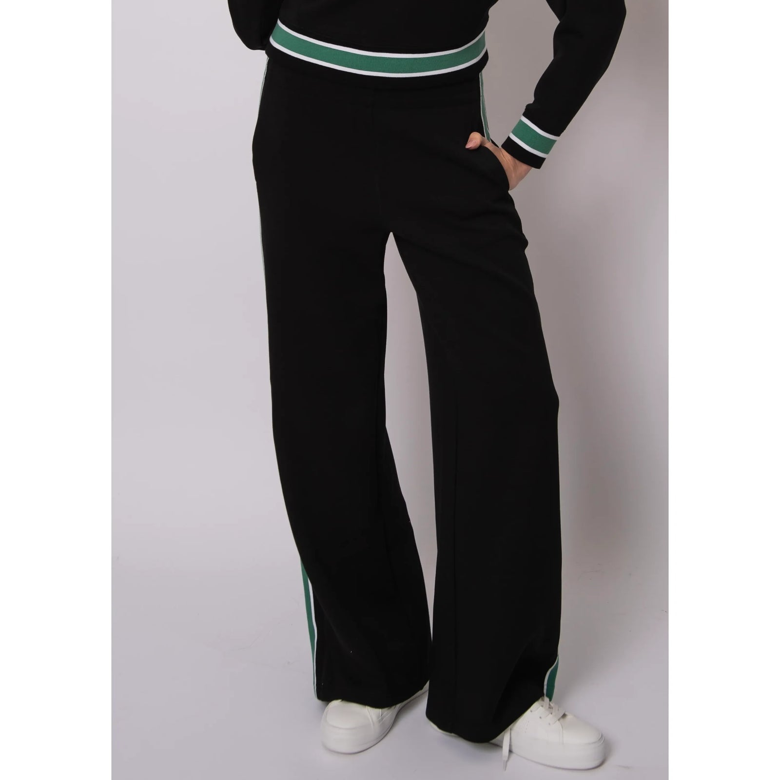 Valencia soft knit pull-on jogger pants in black with green and white side stripe, sporty chic look.