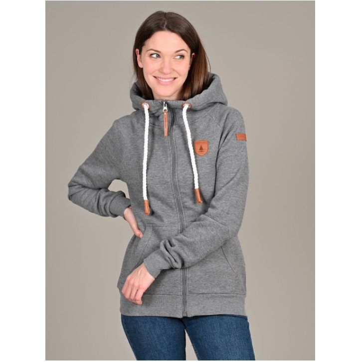 Wanakome Hera Zip Front Hoodie in grey terry with white drawstrings, vegan leather caps, chest and sleeve patch logos.