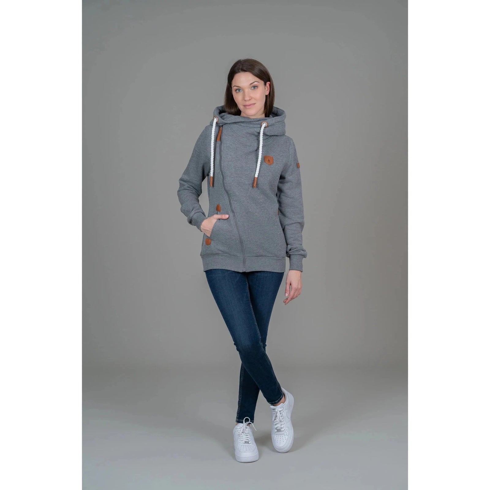 Wanakome Athena Hoodie features a stylish shawl neck and faux leather accents, perfect for layering and comfort.
