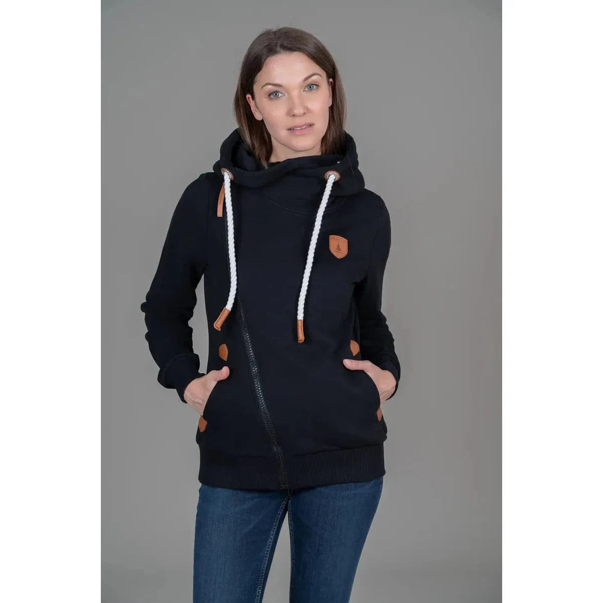 Wanakome Athena Hoodie features a chic shawl neck, asymmetrical zip, and stylish faux leather accents. Perfect for layering!