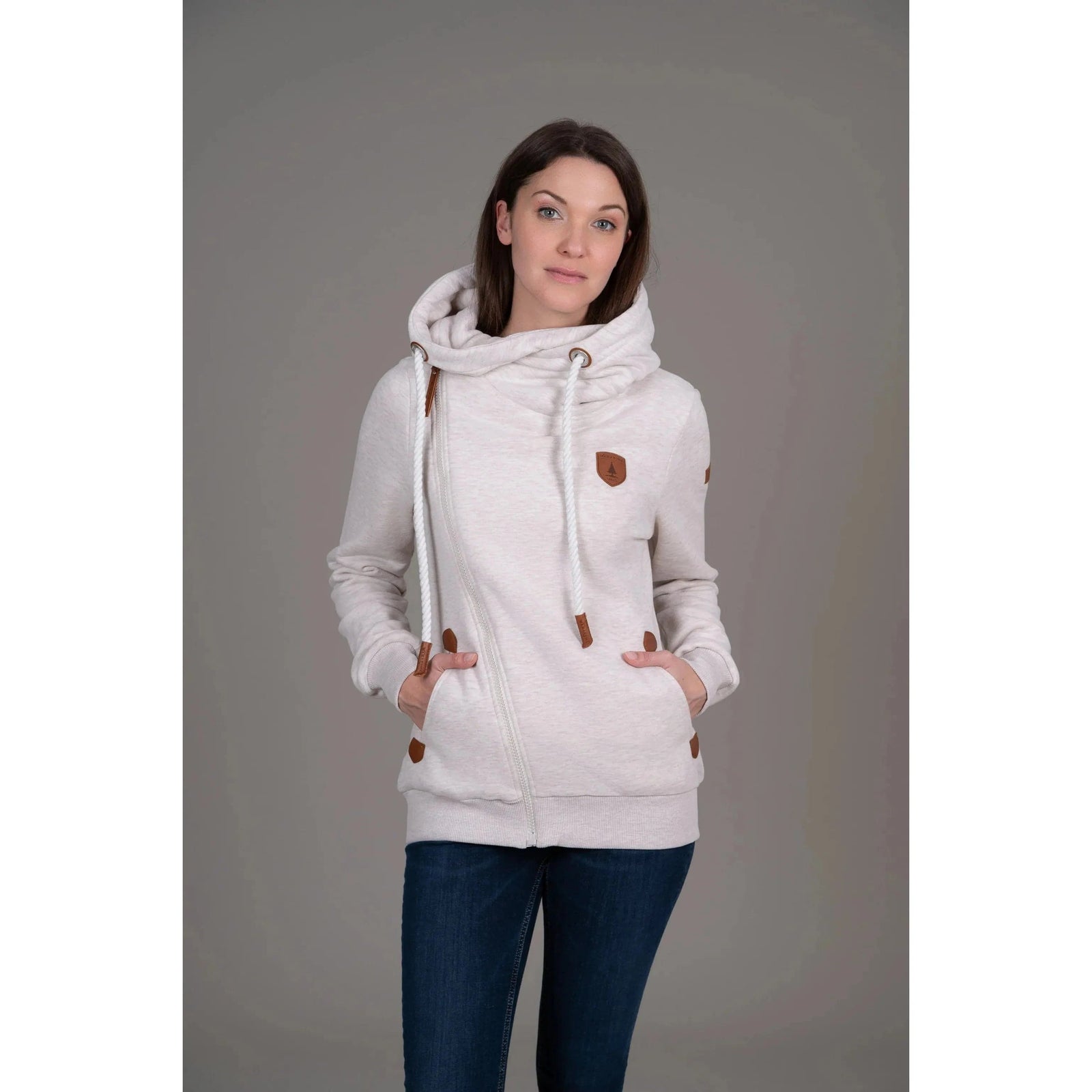 Wanakome Athena Hoodie features a cozy shawl neck and stylish faux leather accents, perfect for layering.