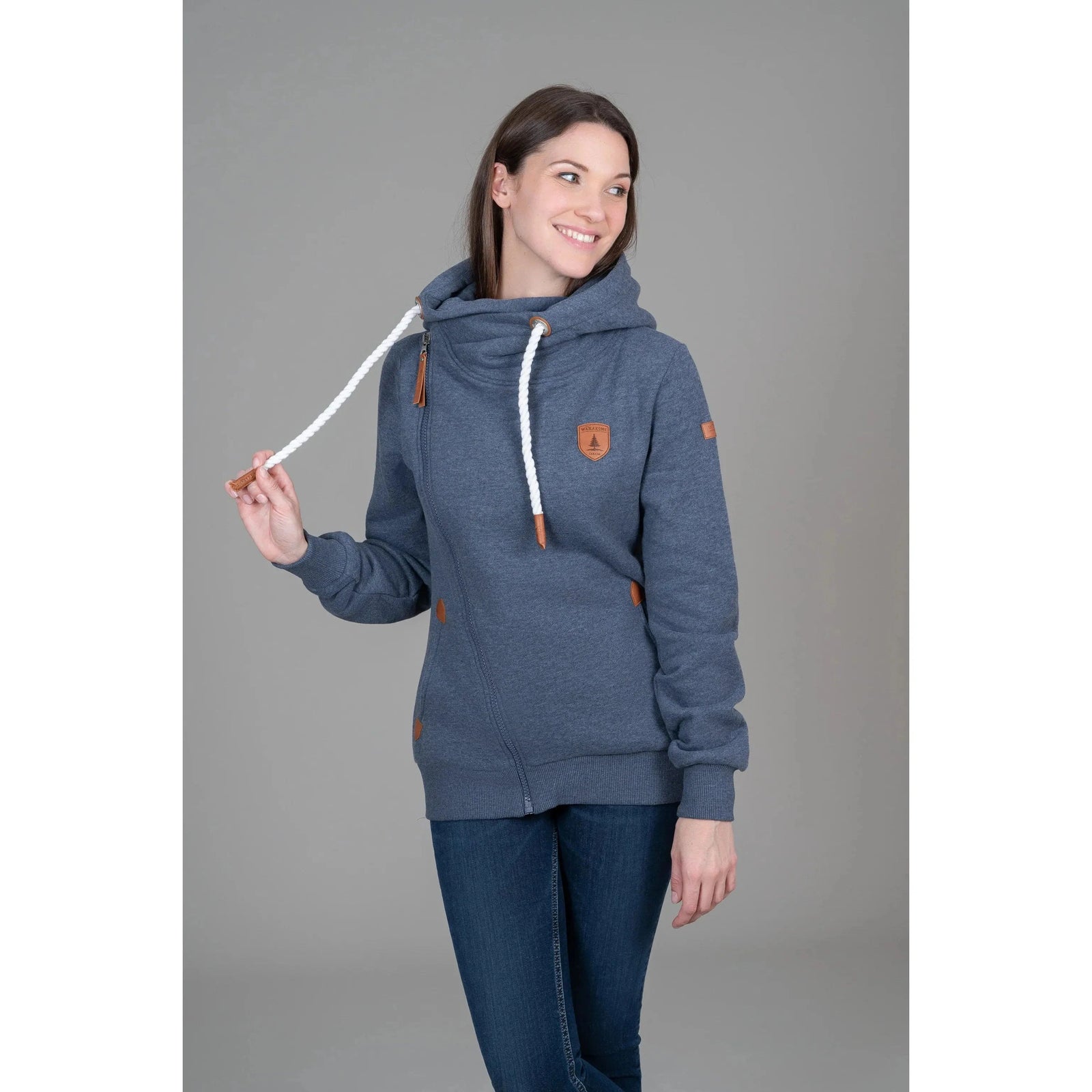 Stylish Wanakome Athena Hoodie features a shawl neck and faux leather accents, perfect for layering in navy.